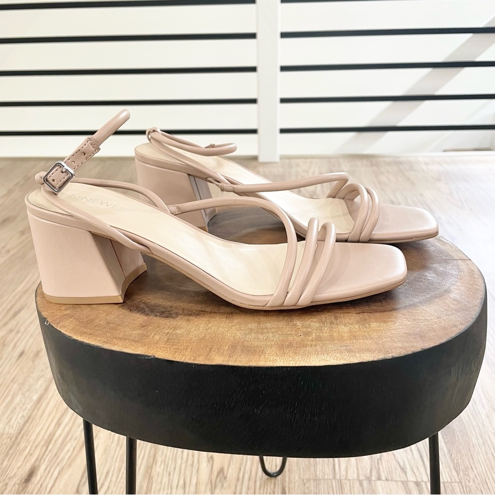 light neutral blush tan low block heal square toe faux leather sandals